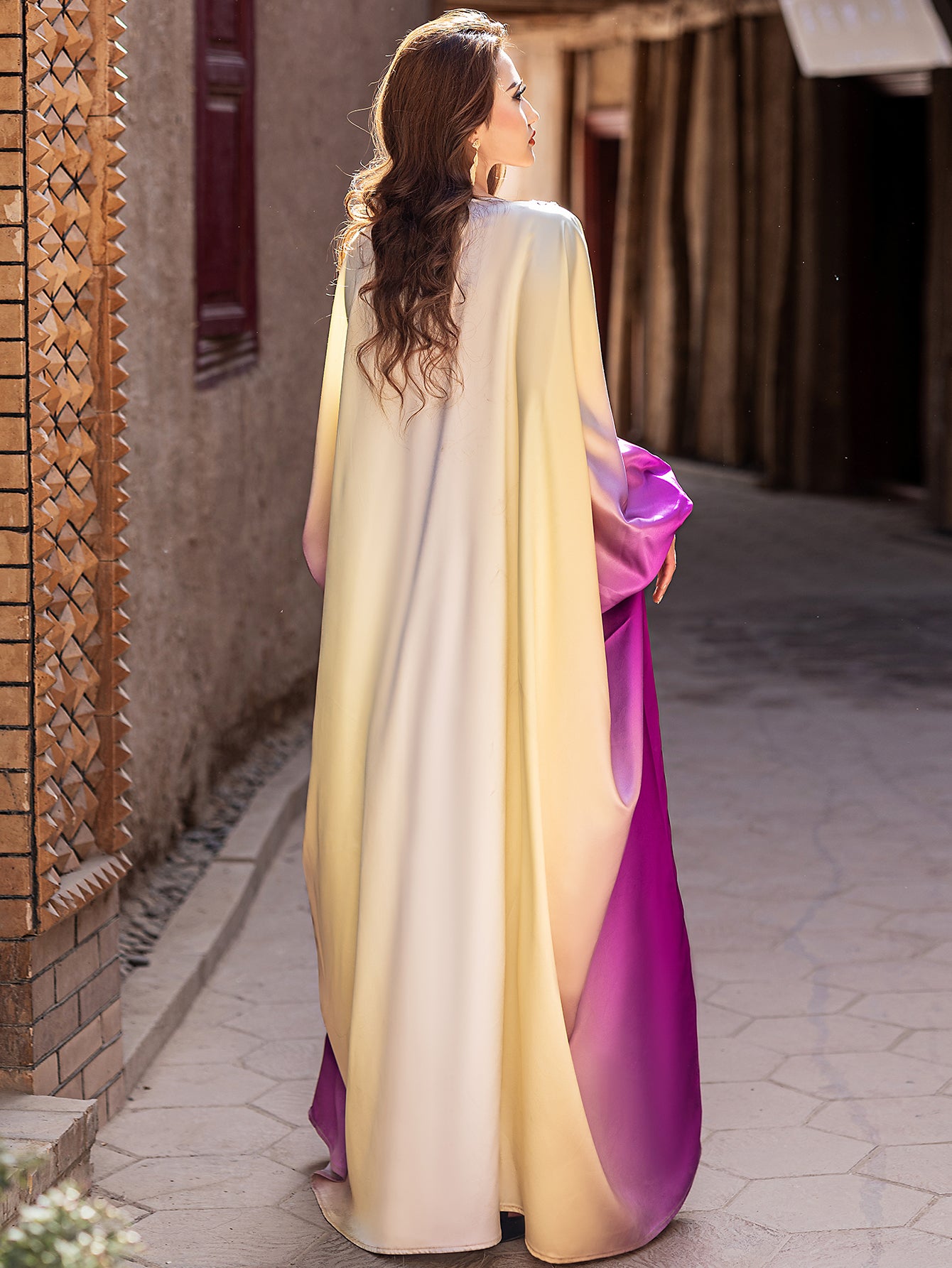 5208Arabic Ombre Abaya Dress | Gold Embroidery V-Neck Gown for Evening Events