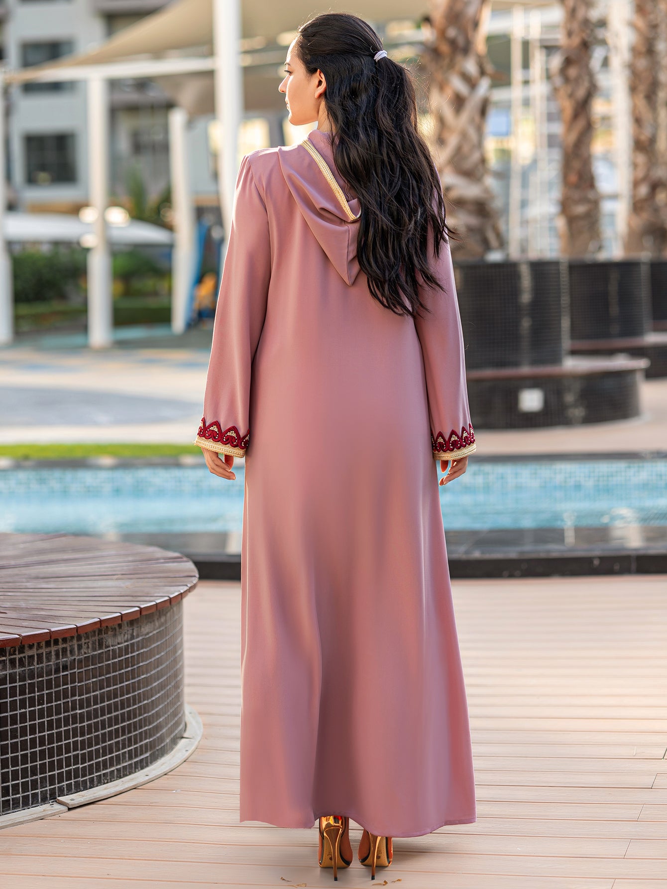 4052 Middle Eastern Style Pink Hooded Embroidered Maxi Dress - Elegant Red Beige Decorated Long Gown