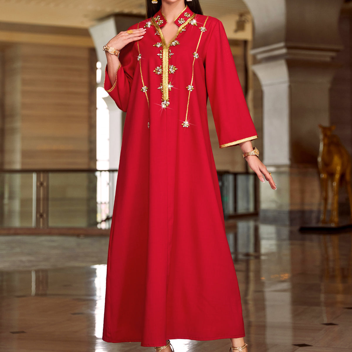 4054 Middle Eastern Style Red Gold Embellished Sequin 3/4 Sleeves Maxi Dress - Elegant Sparkling Long Gown