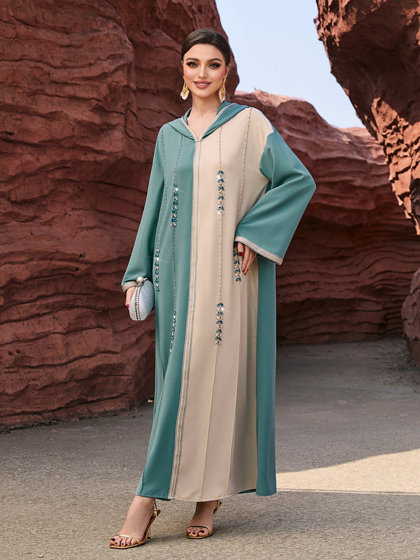 4012 Middle Eastern Style Color-Block Hooded Maxi Dress - Turquoise Beige Embellished Long Gown