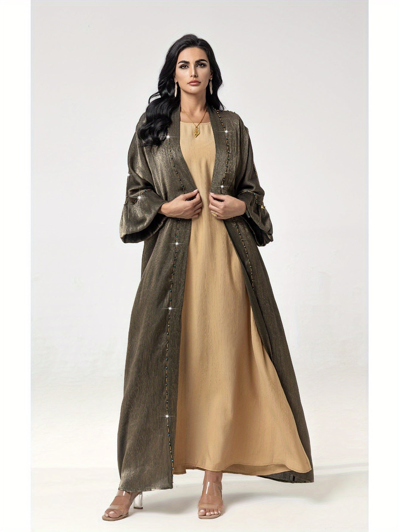 5099 metallic luster fabric abaya robe, bright rhinestone decoration, luxurious eye-catching, a must for parties