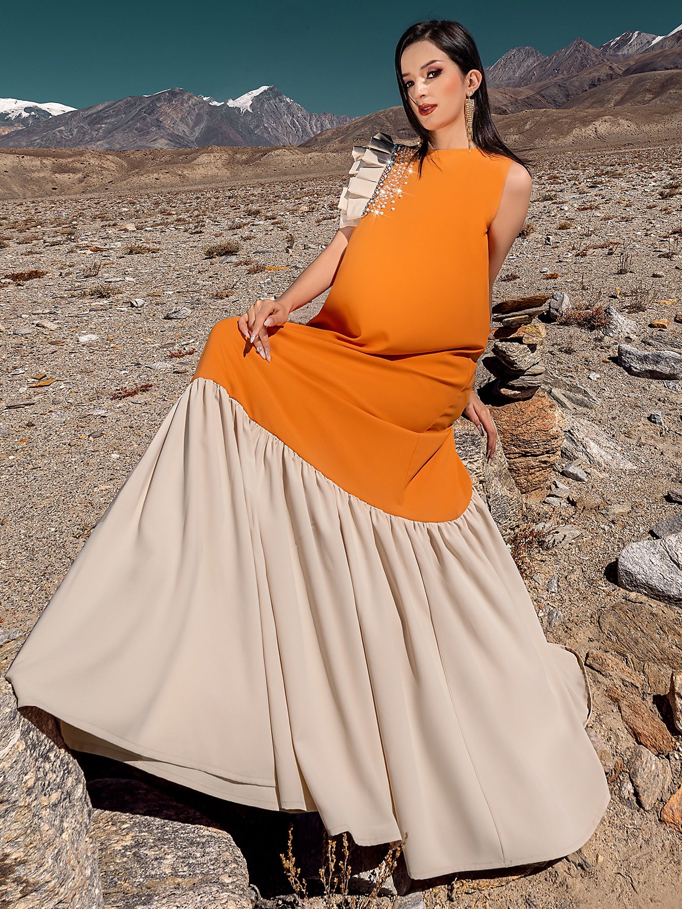 5238Arabic Orange Abaya Dress | Cream & Crystal Embroidered Gown for Special Occasions
