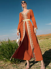 BA9028 new orange heavy industry hand-sewn diamond splicing lace fake two-piece dress Middle East travel dress
