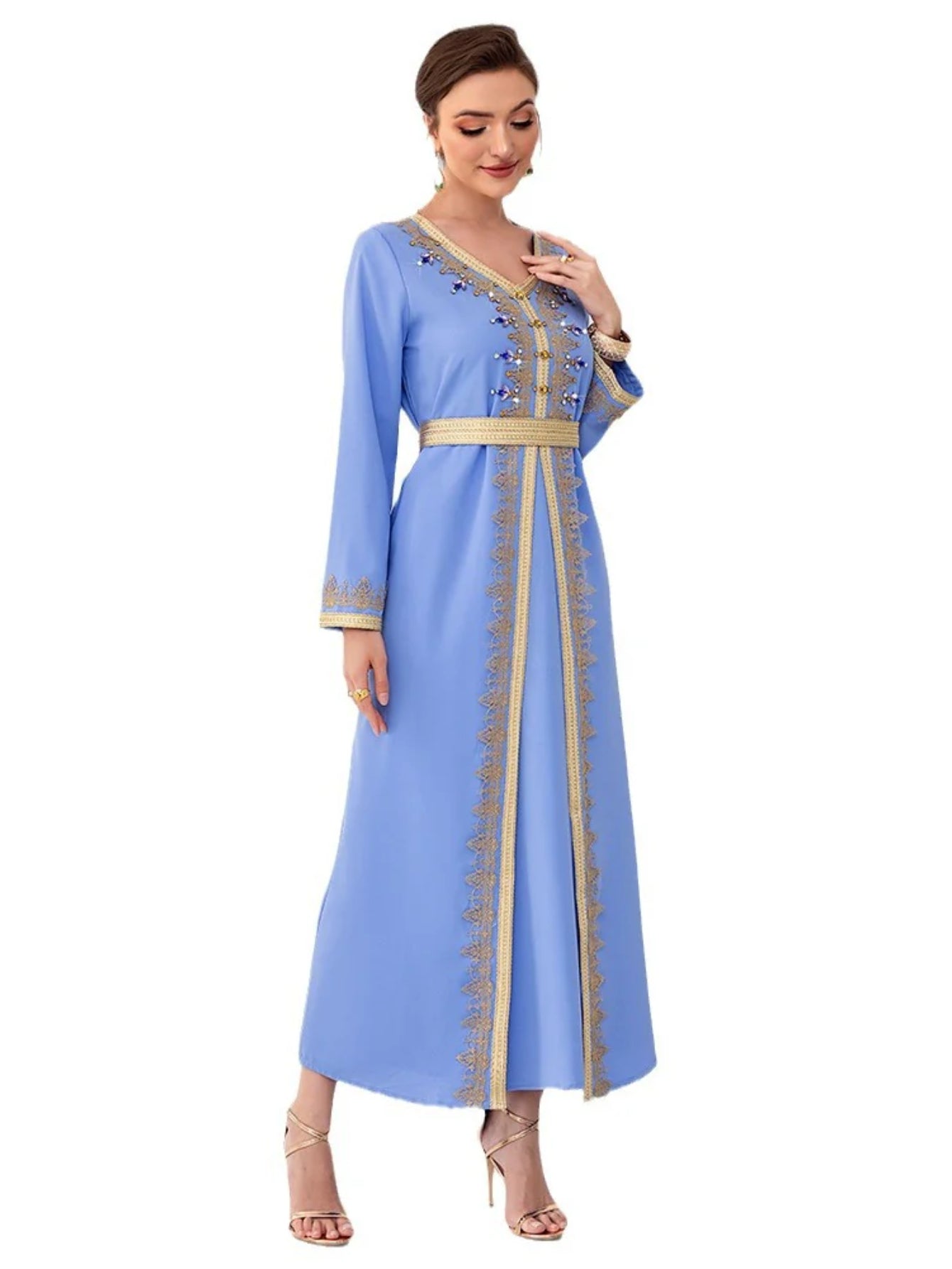 BA9028 light blue webbing hand-sewn diamond long-sleeved fake two-piece dress, spring travel, elegant and fashionable long dress