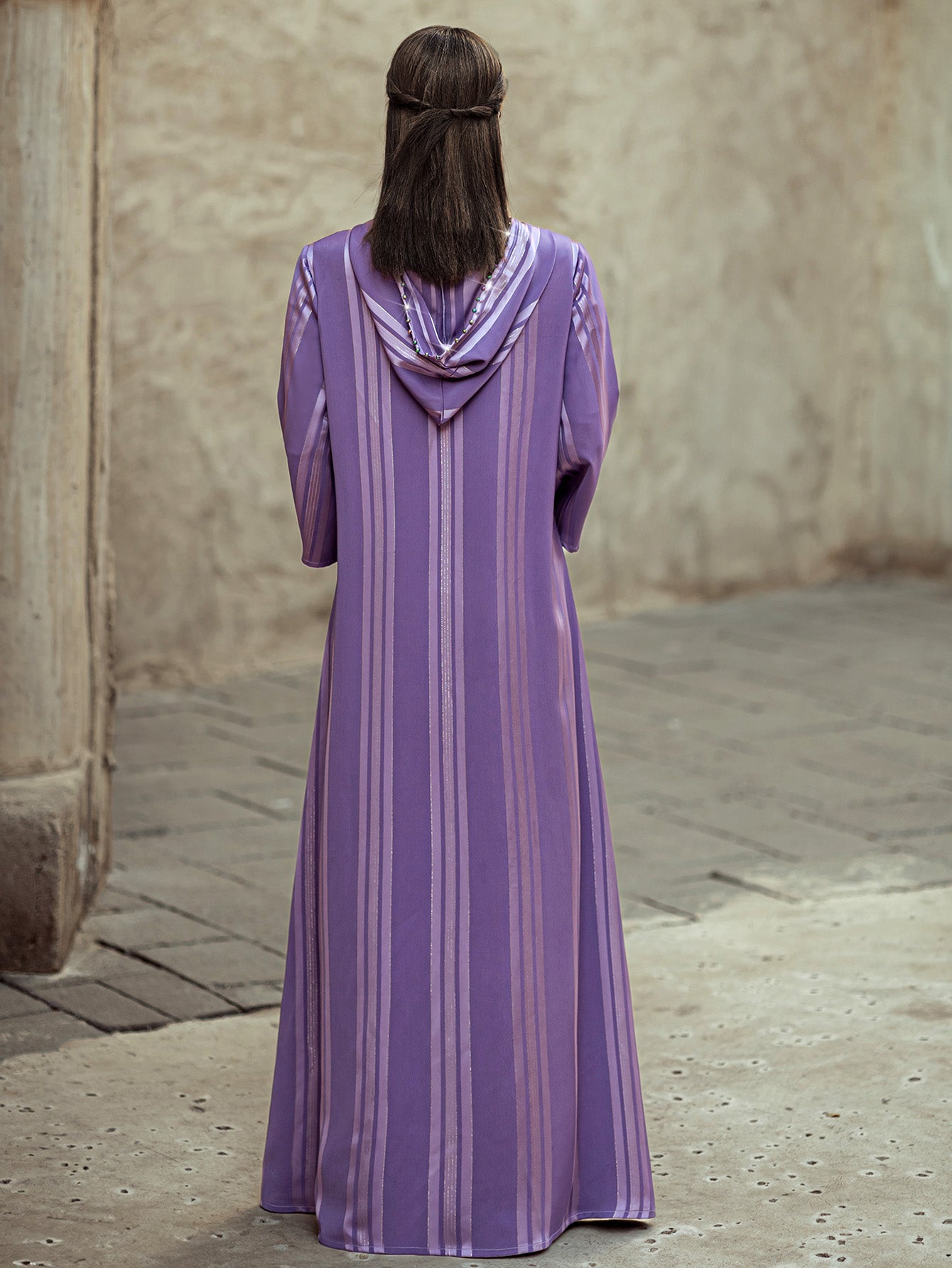 4139 Middle Eastern Style Purple Striped Rhinestone Bead Embellished Bell Sleeves Maxi Dress - Elegant Decorated Abaya Gown