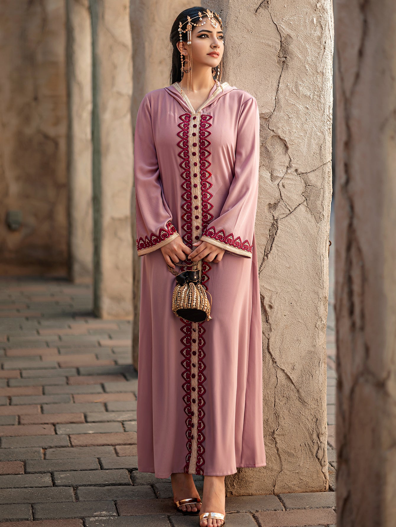 4052 Middle Eastern Style Pink Hooded Embroidered Maxi Dress - Elegant Red Beige Decorated Long Gown