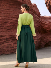 4099 Middle Eastern Style Green Dark Green Colorblock Gold Embroidered Belted Long Sleeve Maxi Dress - Elegant Contrast Decorated Gown