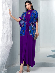 5142Two-Piece Purple & Blue Embroidered Dress Set | Floral Overlay Top with Beaded V-Neck & Slimming Belt