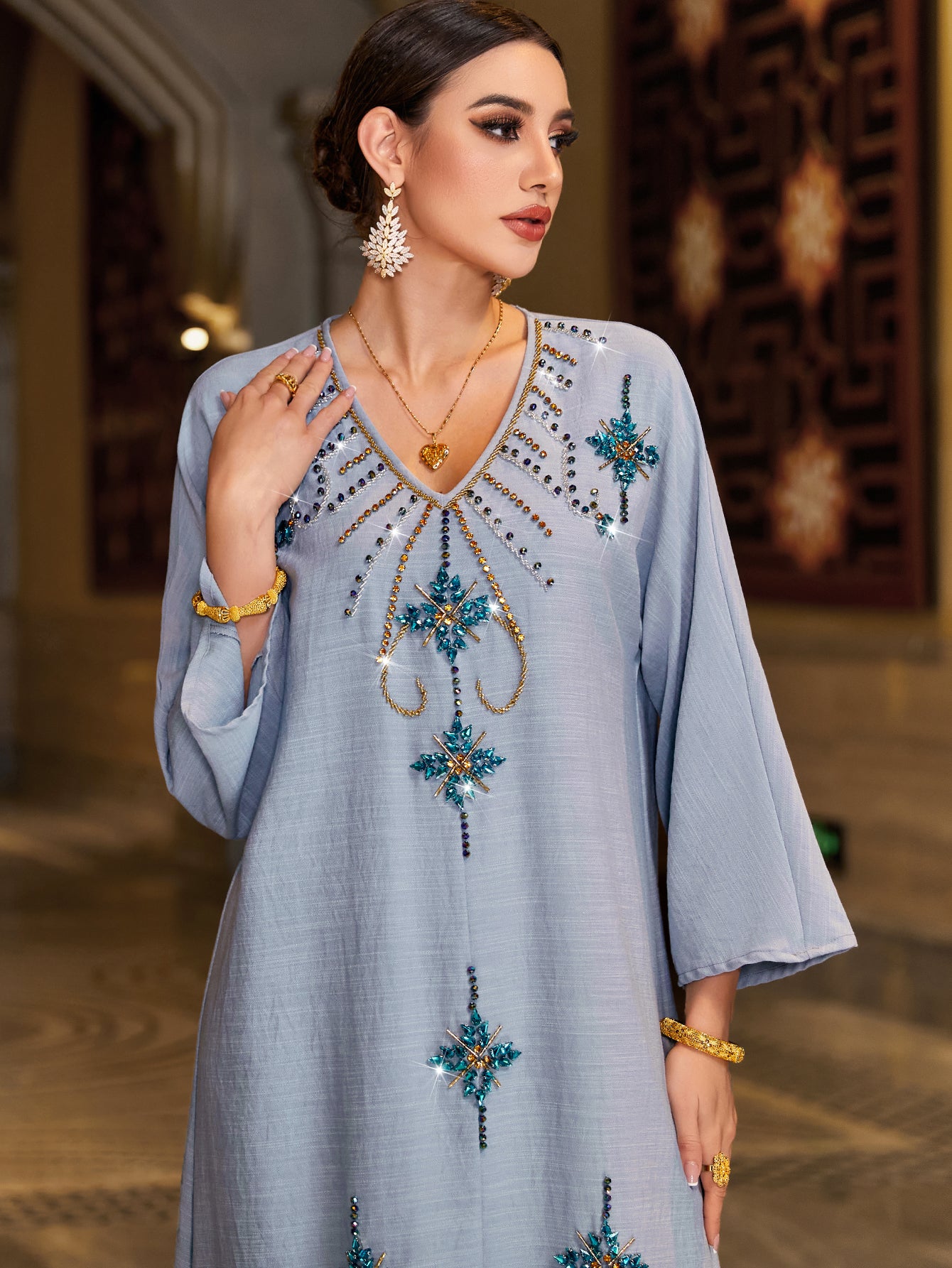 4140 Middle Eastern Style Light Blue Rhinestone Bead Embellished Bell Sleeves Maxi Dress - Elegant Decorated Abaya Gown