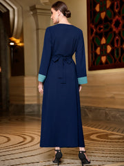 3051 contrasting color splicing! Middlewind horn sleeve diamond-encrusted long slim-fit dress
