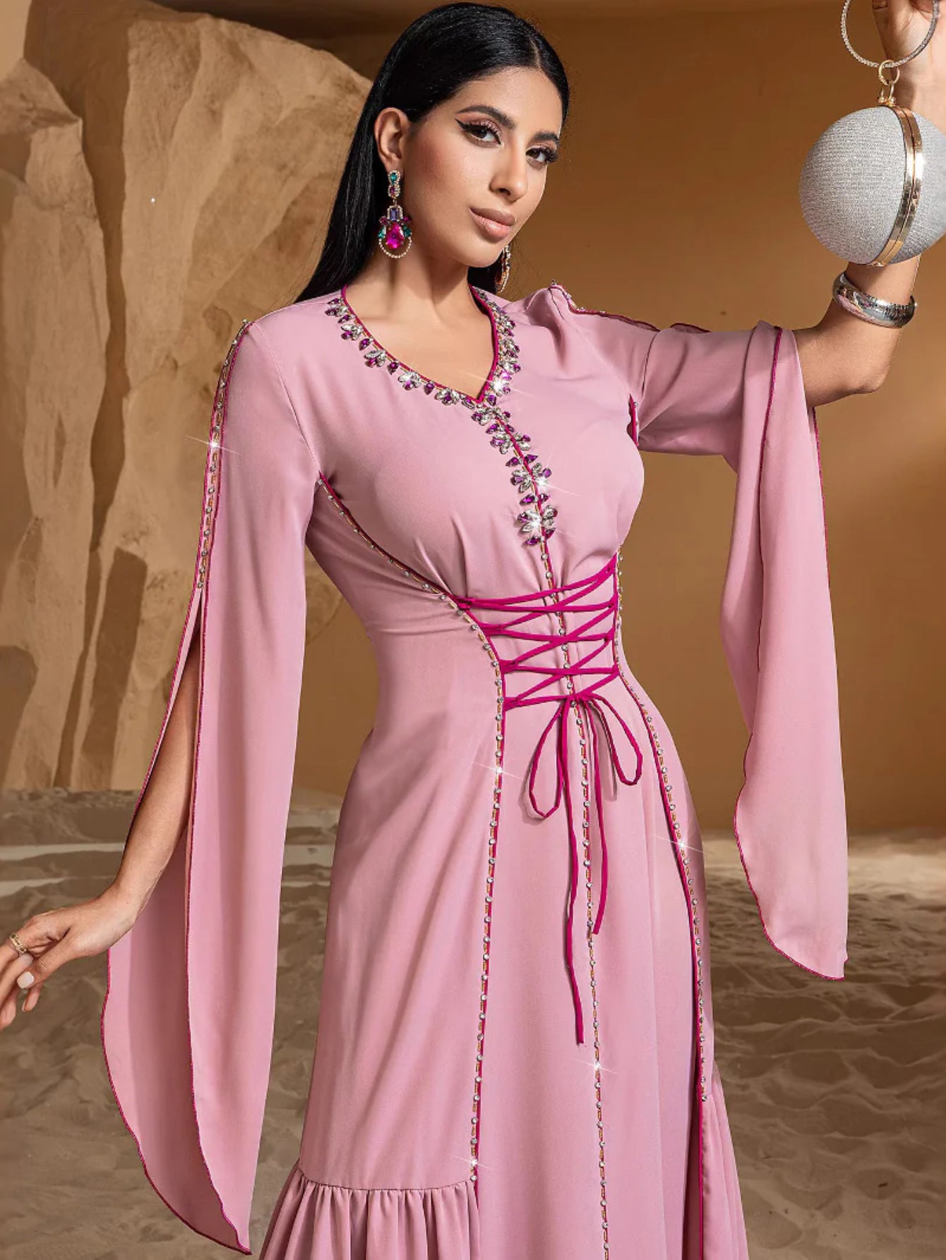 BA5039 Lace-Up Flared-Sleeve Dress