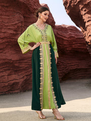 4099 Middle Eastern Style Green Dark Green Colorblock Gold Embroidered Belted Long Sleeve Maxi Dress - Elegant Contrast Decorated Gown