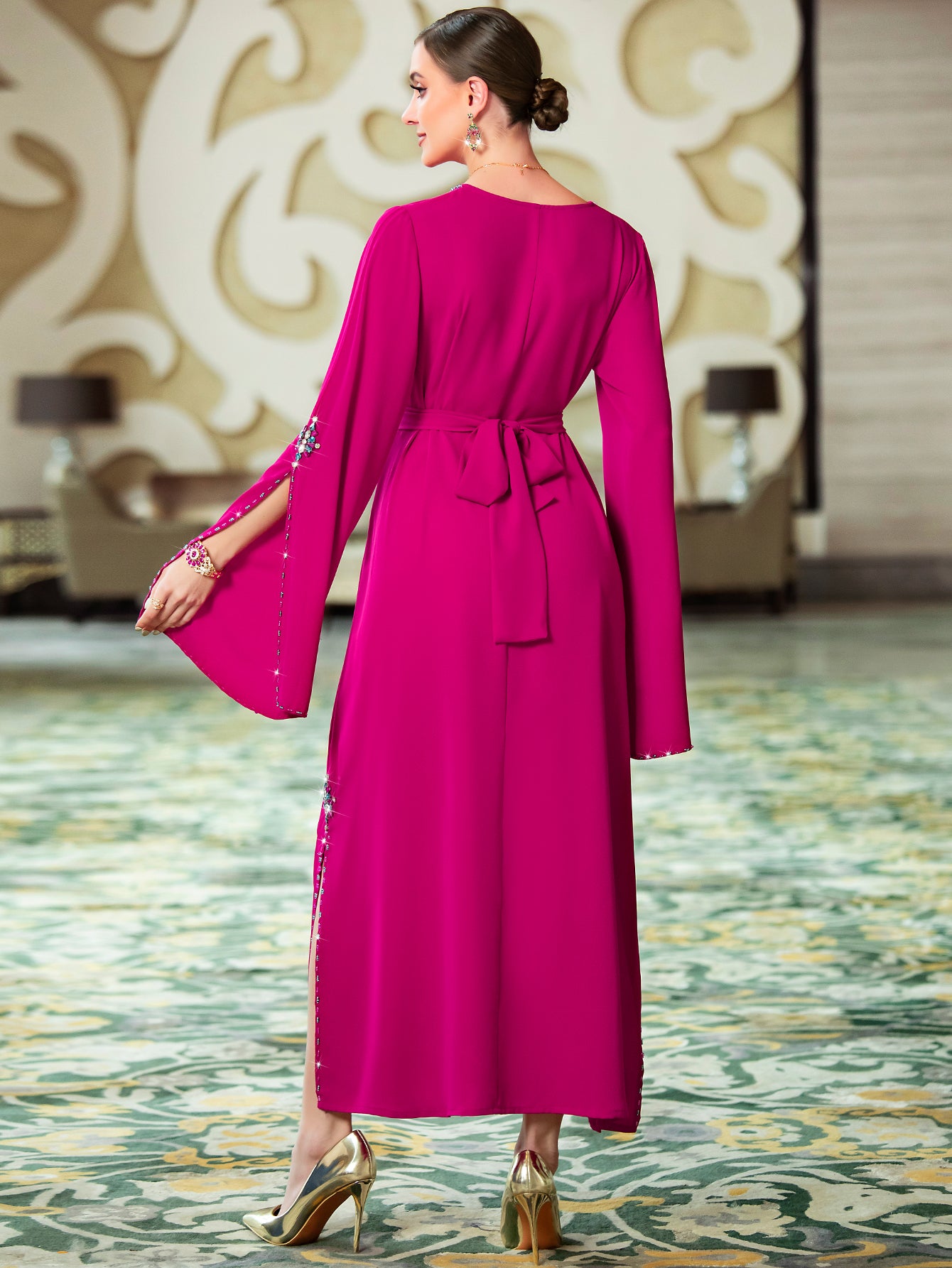 3068 rose red mid-east wind V-neck horn sleeve diamond slim dress