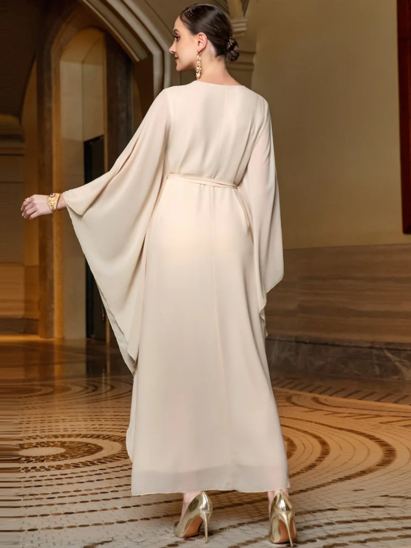 BA019 Beige Symphony Butterfly Sleeve Dress, Arabian Long Dress Middle East Women's Clothing