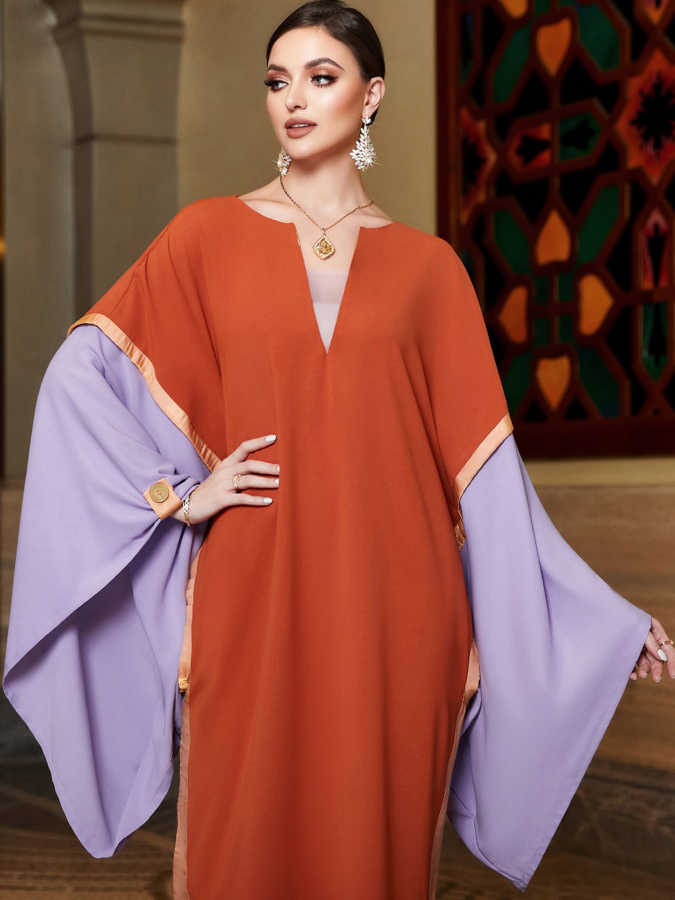 3143 Middle Eastern Style Color-Block Maxi Dress - Orange Purple Cape Sleeve Long Dress