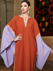 3143 Middle Eastern Style Color-Block Maxi Dress - Orange Purple Cape Sleeve Long Dress
