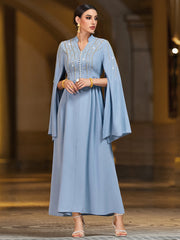 4038 Middle Eastern Style Light Blue Gold Sequins Embellished Cape Sleeves Maxi Dress - Elegant Flowing Long Gown