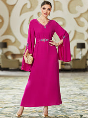 3068 rose red mid-east wind V-neck horn sleeve diamond slim dress