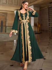 4081 Middle Eastern Style Dark Green Gold Embroidered Long Sleeve Belted Maxi Dress - Elegant Ornate Gown