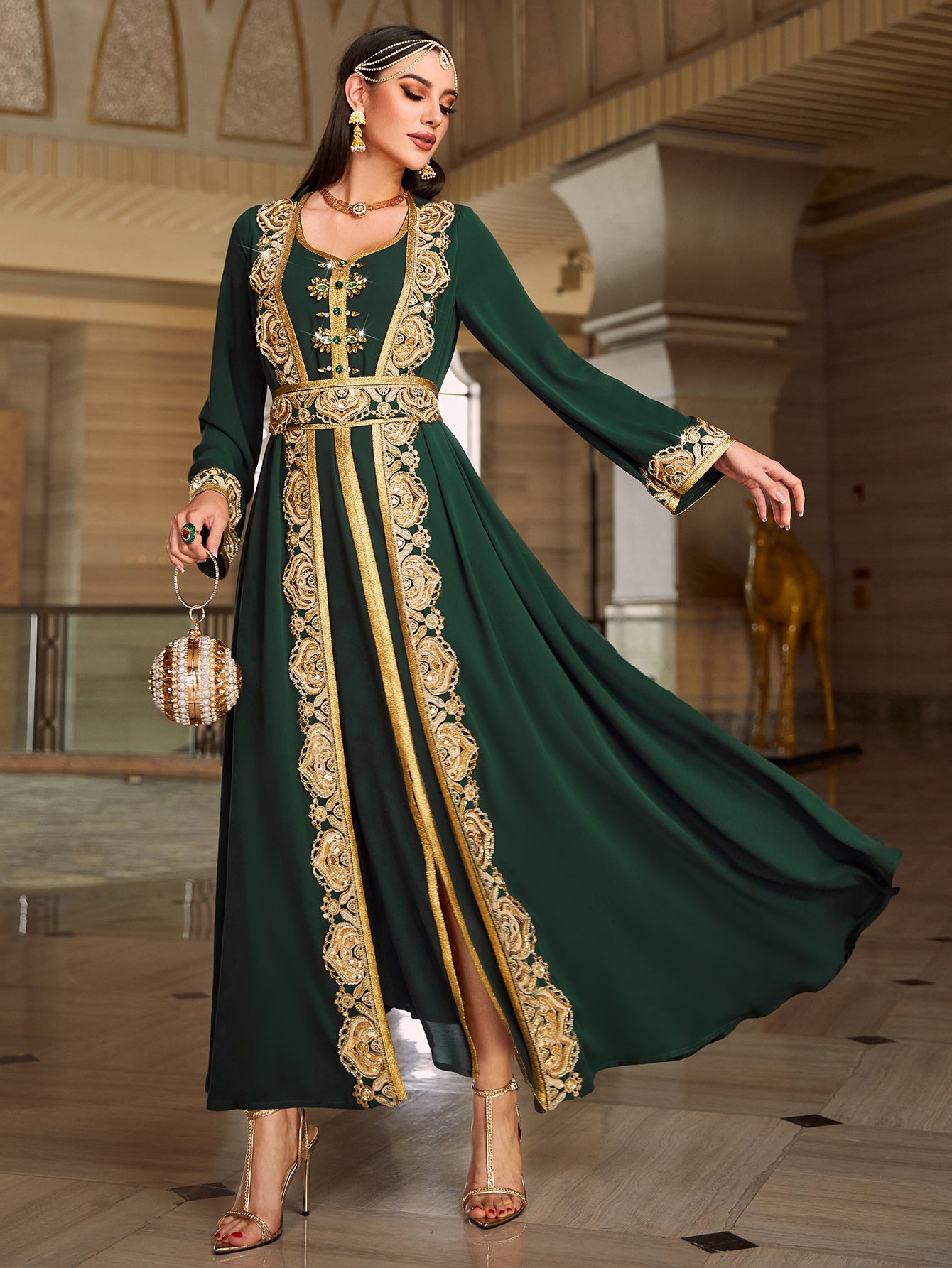 4081 Middle Eastern Style Dark Green Gold Embroidered Long Sleeve Belted Maxi Dress - Elegant Ornate Gown