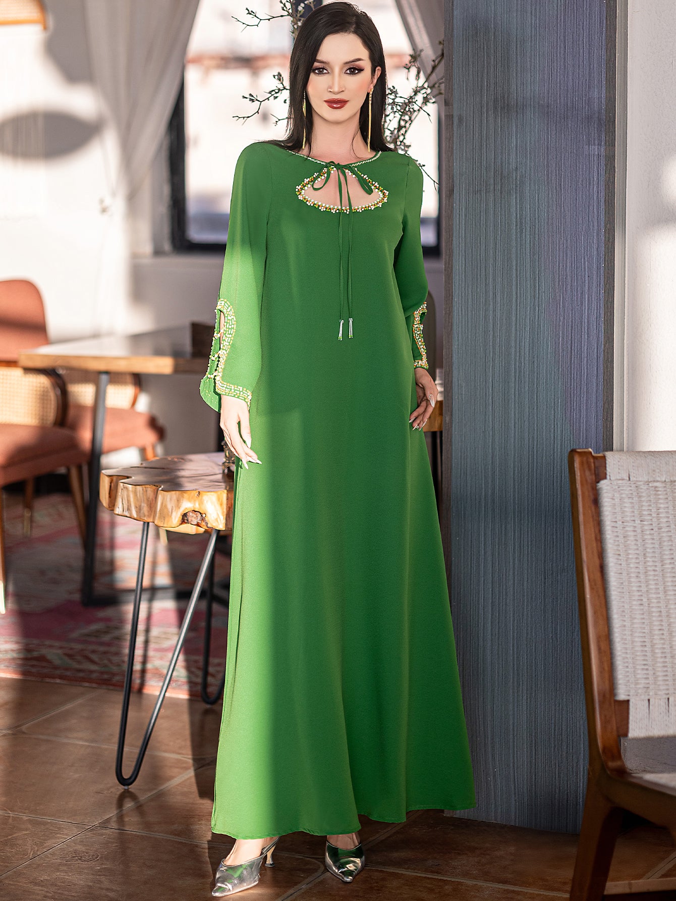5205 Luxury Emerald Abaya | Hand-Beaded Neckline & Crystal-Trimmed Bell Sleeves