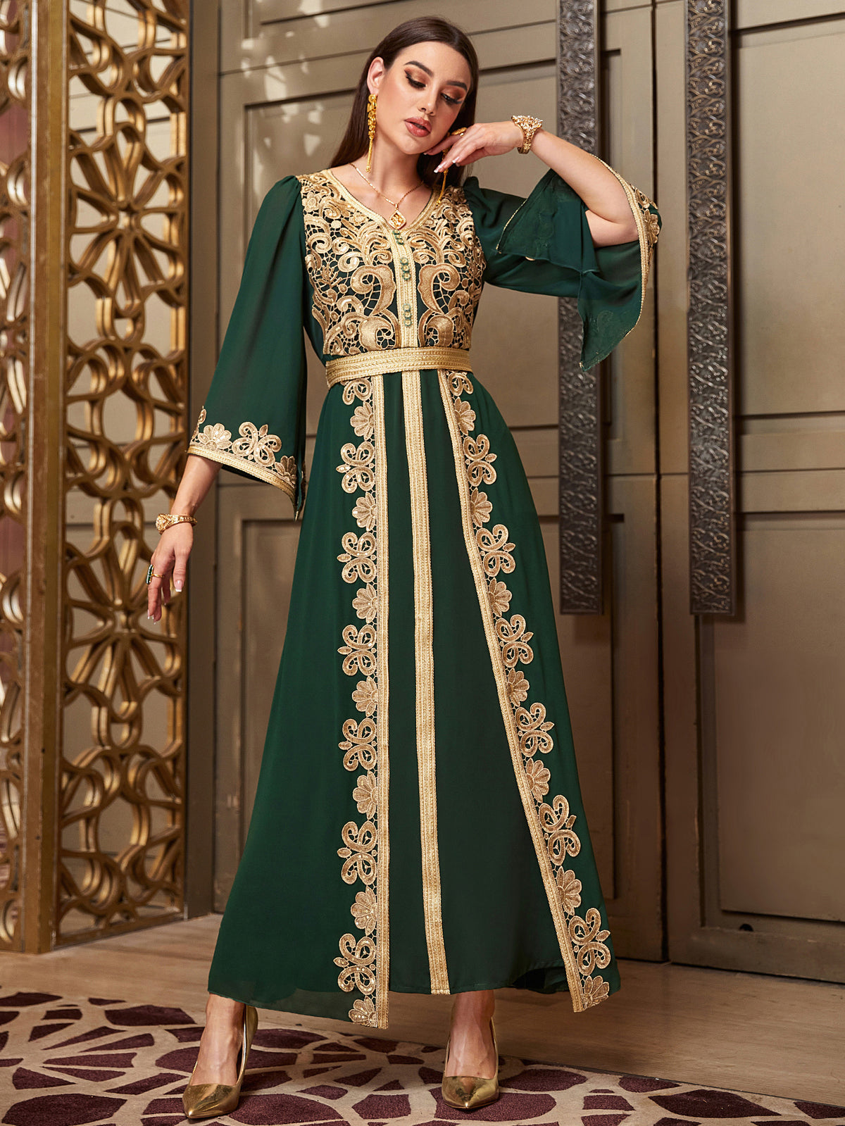 4118 Middle Eastern Style Dark Green Gold Floral Embroidered Bell Sleeves Belted Pseudotwo-Piece Maxi Dress - Elegant Ornate Decorated Gown