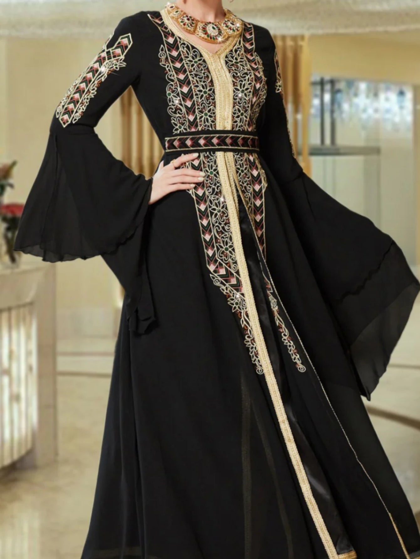 BA3024 Black Chiffon Splicing Heavy Industry Embroidery Flared Sleeve Long Dress Arab Party Robe