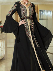 Black Embroidered Flared-Sleeve Maxi Dress