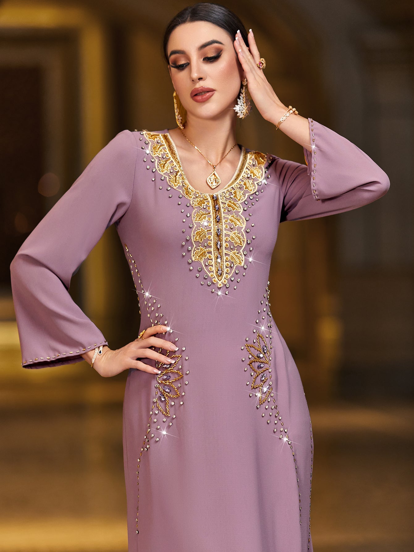 4089 Middle Eastern Style Purple Gold Embroidered Sequin Long Sleeve Maxi Dress - Elegant Sparkling Decorated Gown