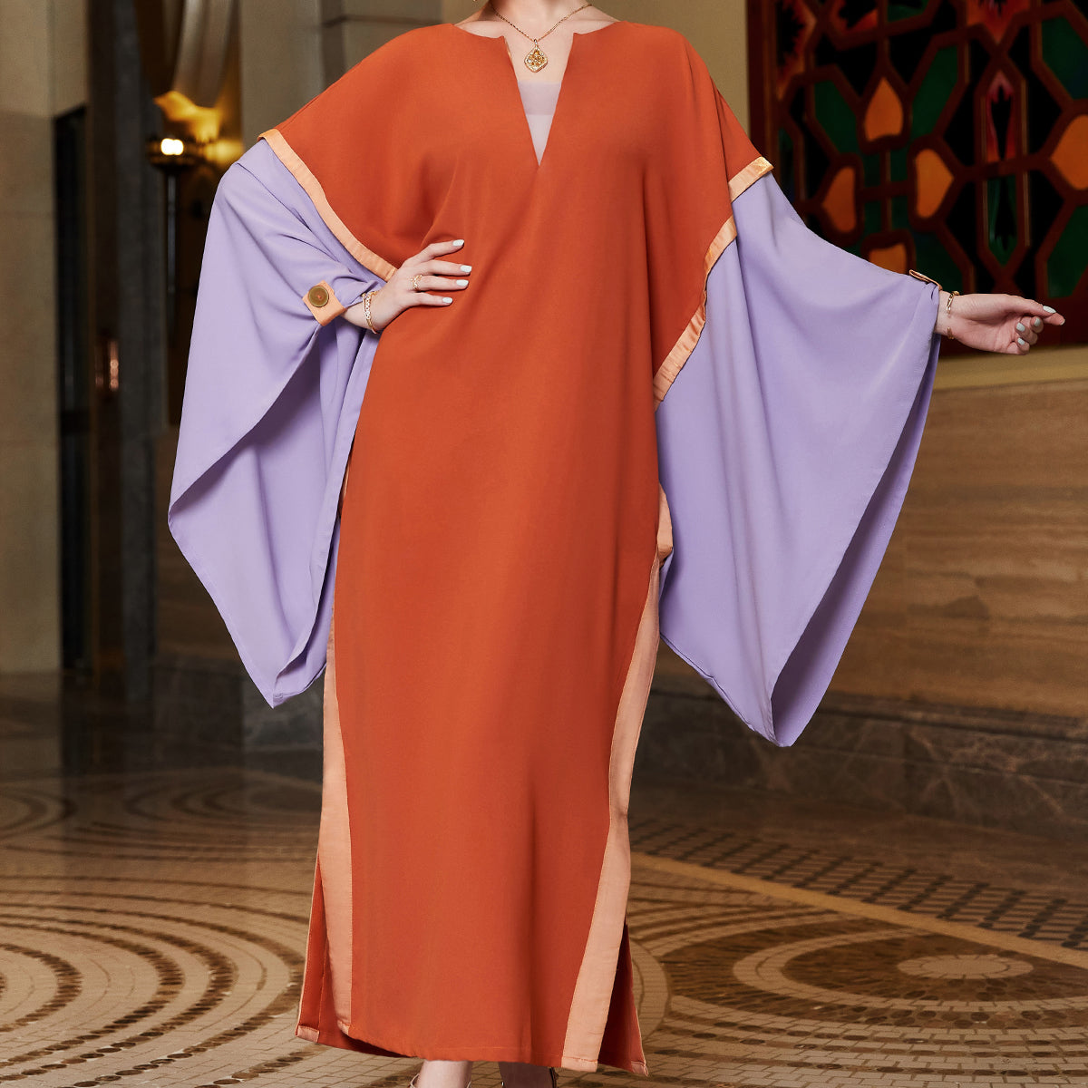 3143 Middle Eastern Style Color-Block Maxi Dress - Orange Purple Cape Sleeve Long Dress