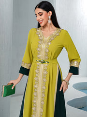 40091Two-Tone Arabic Abaya | Gold Embroidery Dress with Emerald Accents & Slimming Silhouette
