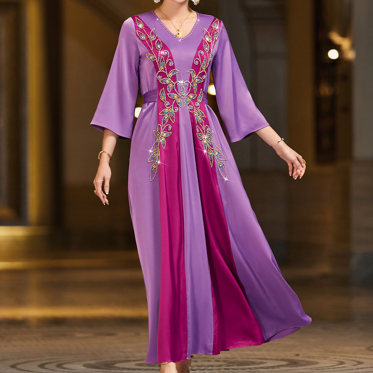 4060 Middle Eastern Style Purple Pink Contrast Embroidered Sequin 3/4 Sleeves Maxi Dress - Elegant Floral Decorated Long Gown