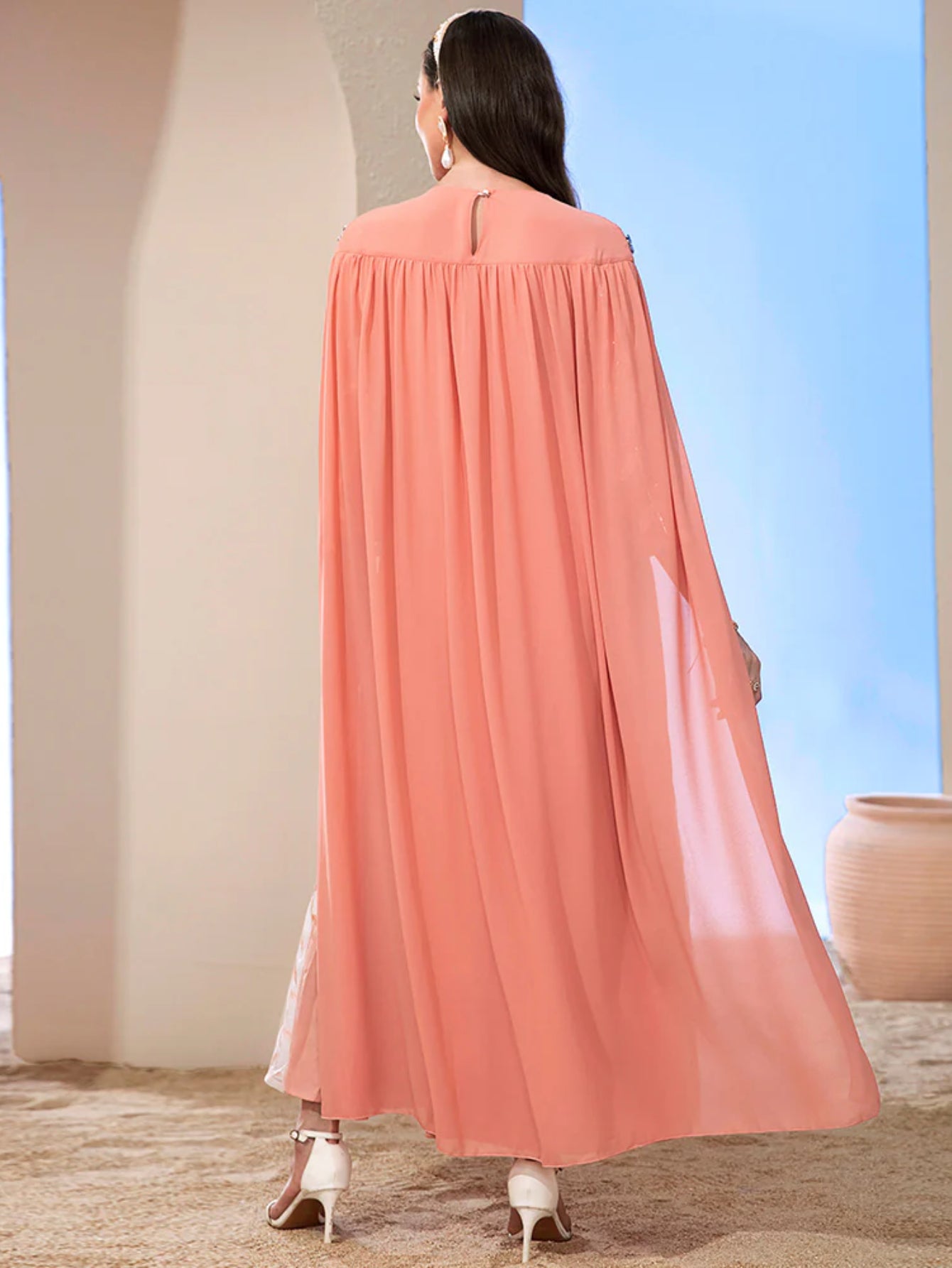 BA2510 orange pink leaf mesh embroidered fashion cape fake two-piece dress dubai lady long dress