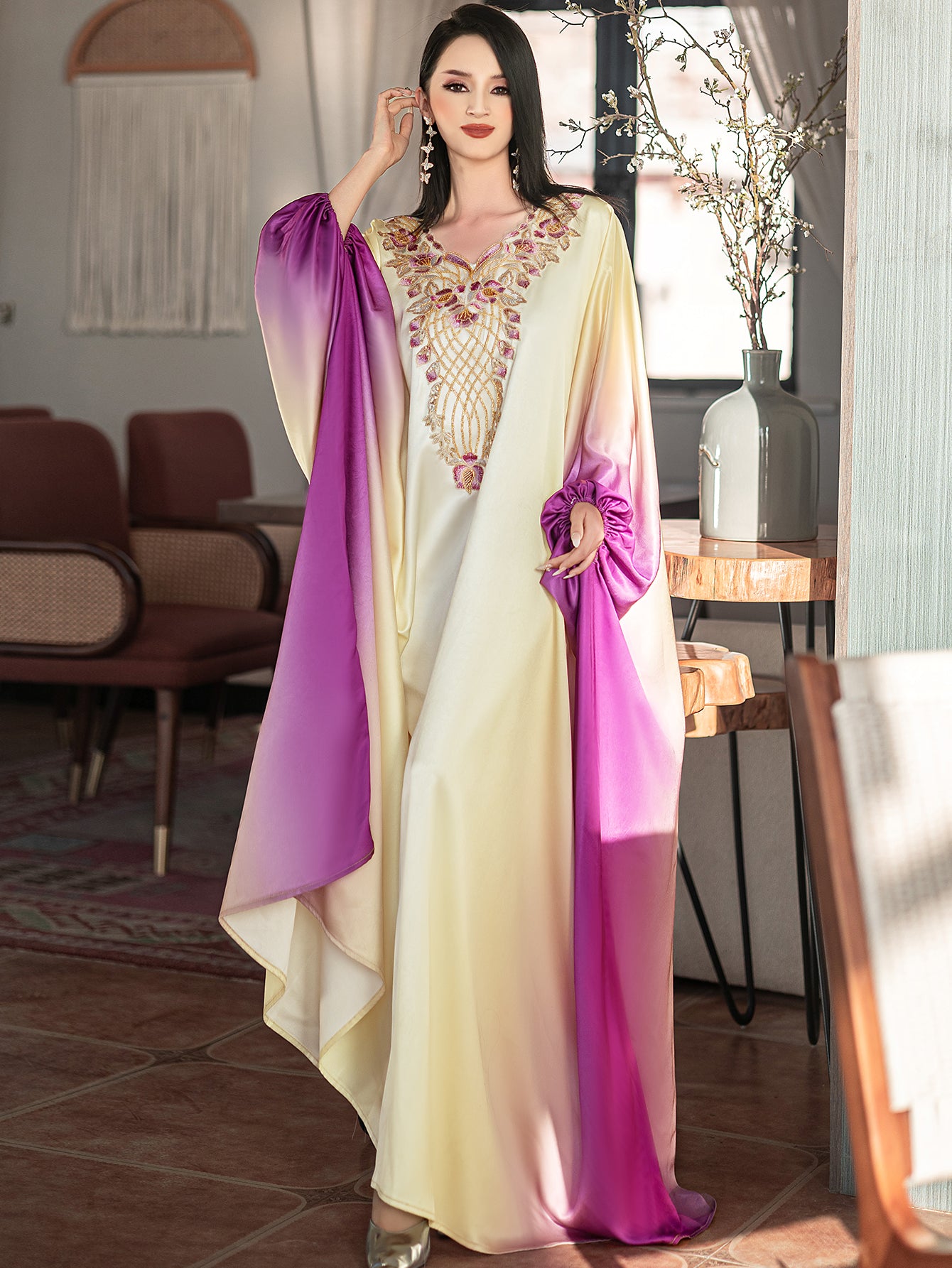 5208Arabic Ombre Abaya Dress | Gold Embroidery V-Neck Gown for Evening Events