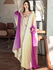 5208Arabic Ombre Abaya Dress | Gold Embroidery V-Neck Gown for Evening Events