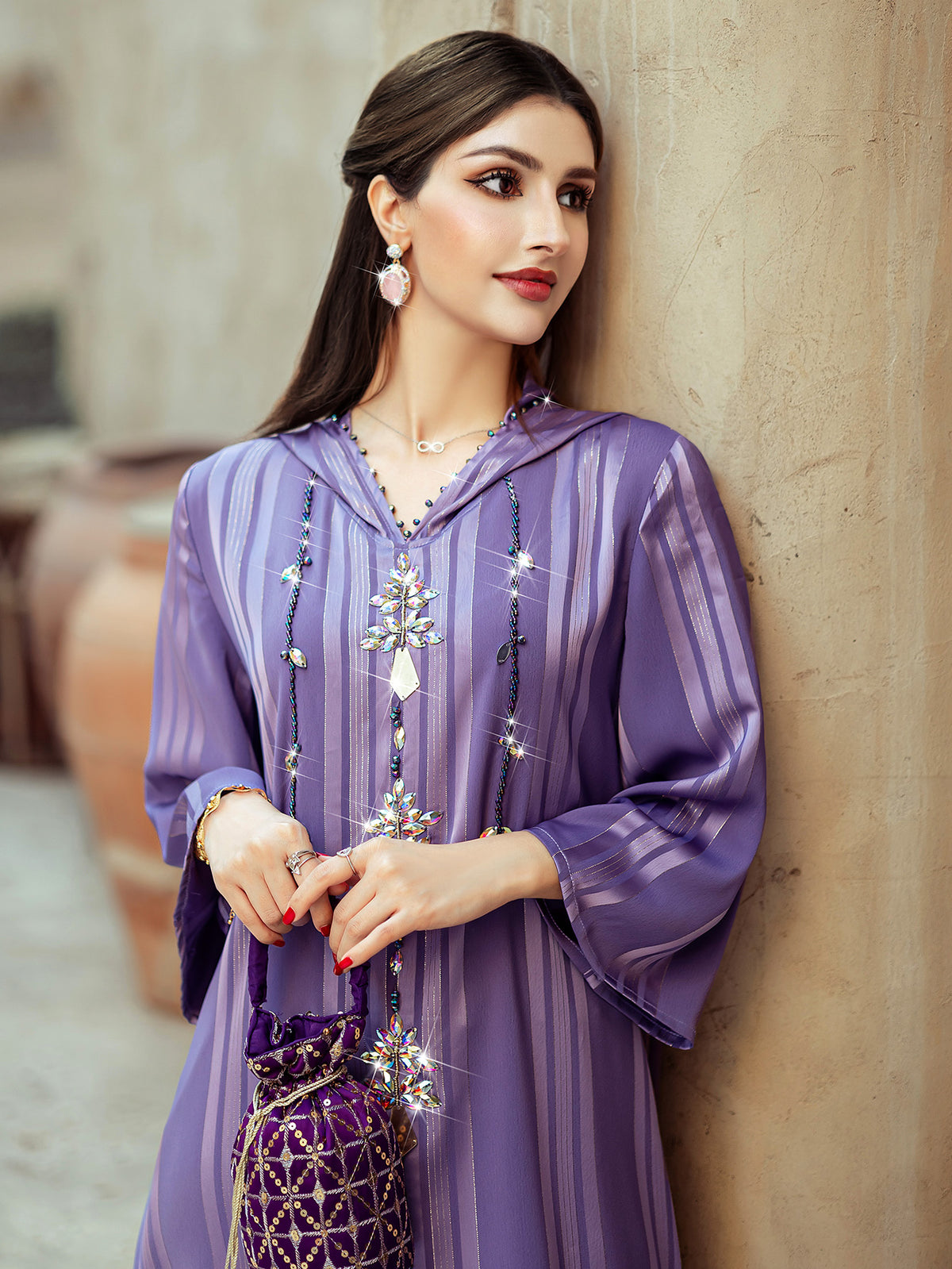 4139 Middle Eastern Style Purple Striped Rhinestone Bead Embellished Bell Sleeves Maxi Dress - Elegant Decorated Abaya Gown