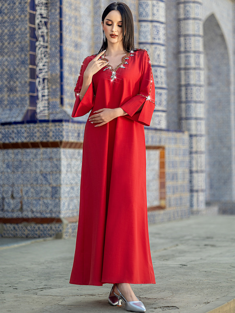 Scarlet Beaded V-Neck Bell-Sleeve Gown