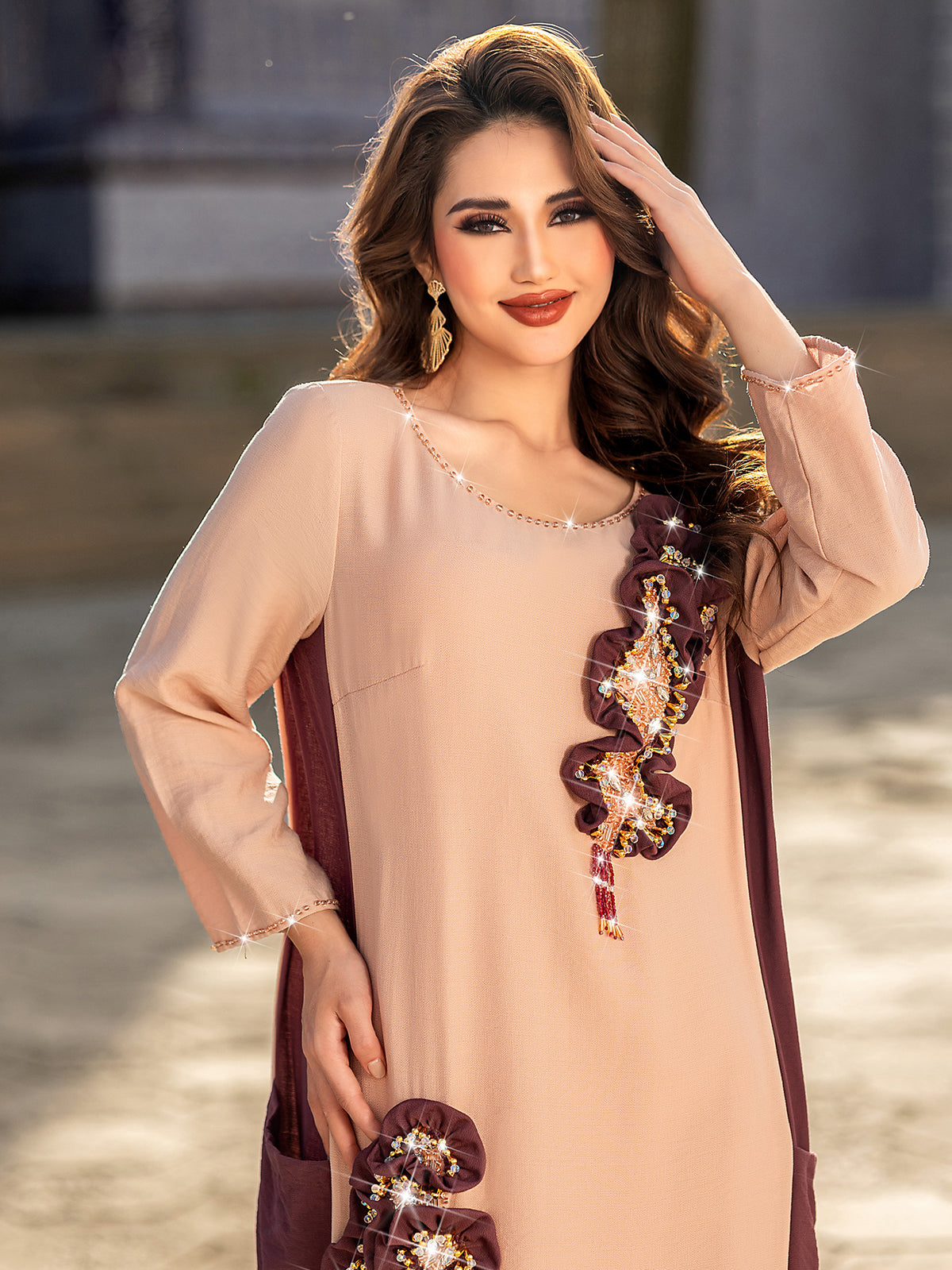 5201Luxury Pink & Burgundy Abaya Dress | Arabic Floral Embroidery with Gold Beads, Fringe & Pearl Cuffs