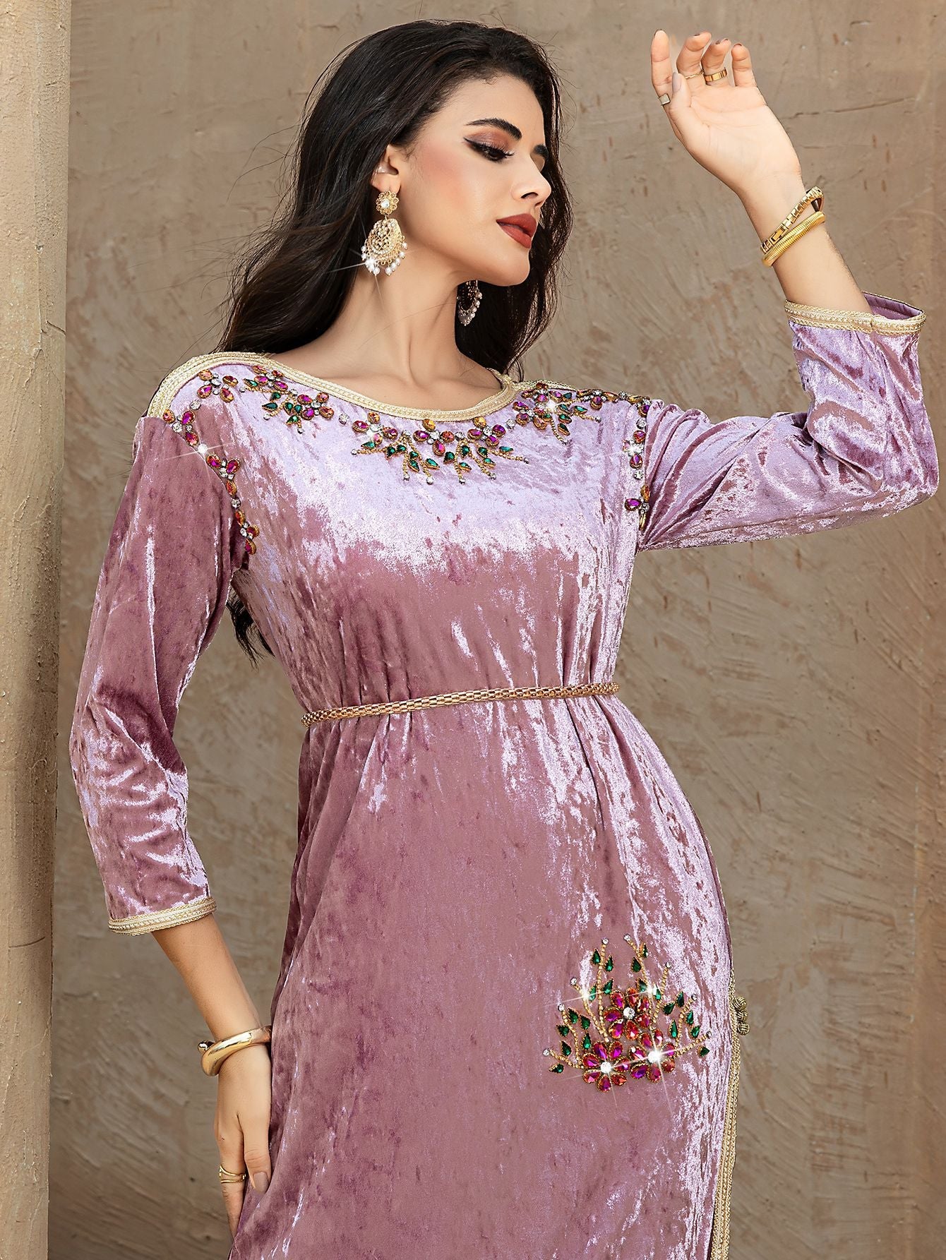 15164 lotus root pink velvet hand-sewn rhinestones and gold webbing dress, new toast dress