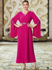 3068 rose red mid-east wind V-neck horn sleeve diamond slim dress