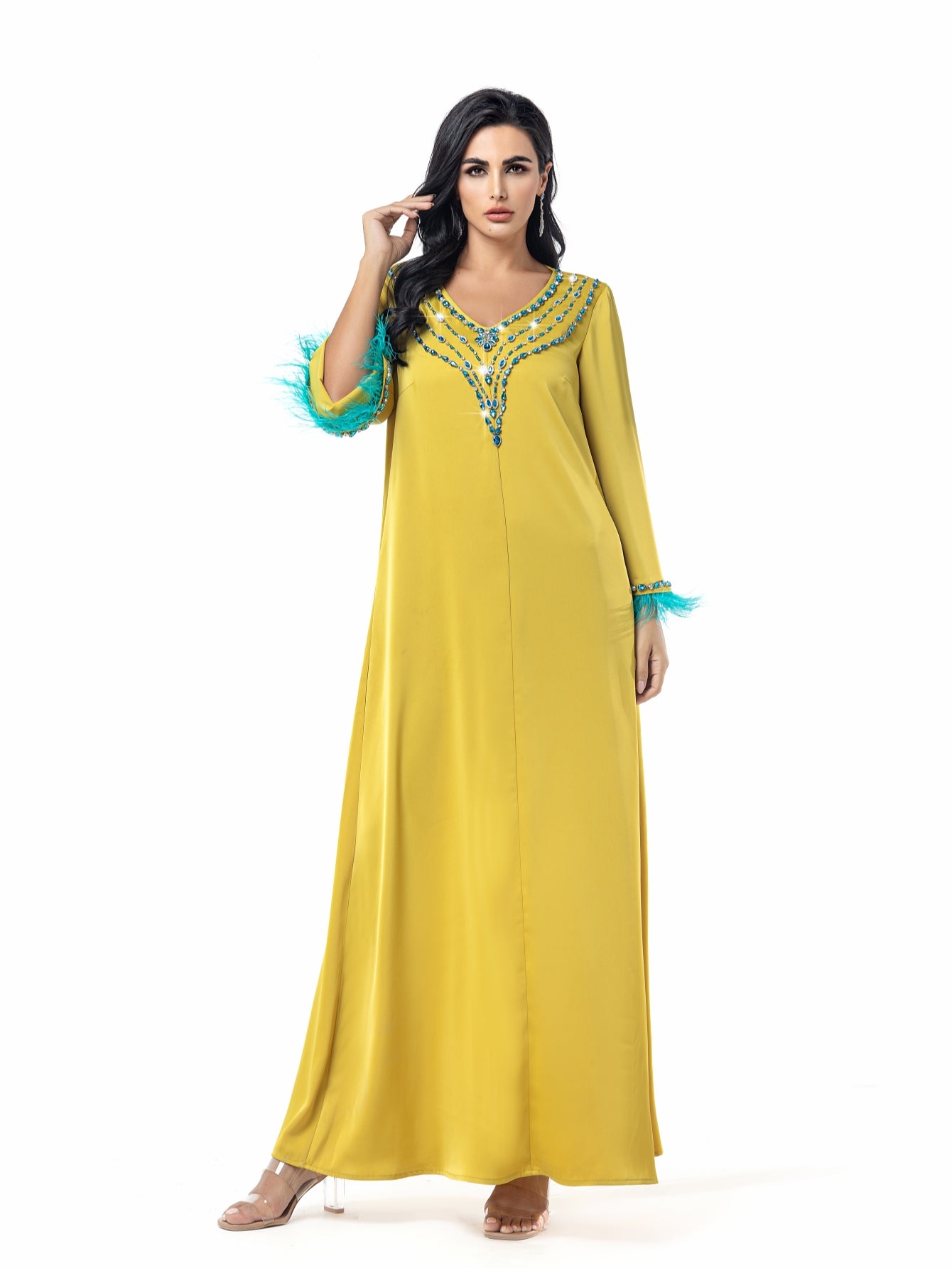 15089 Middle Eastern robe sewn diamond robe splicing feathers women's elegant dress