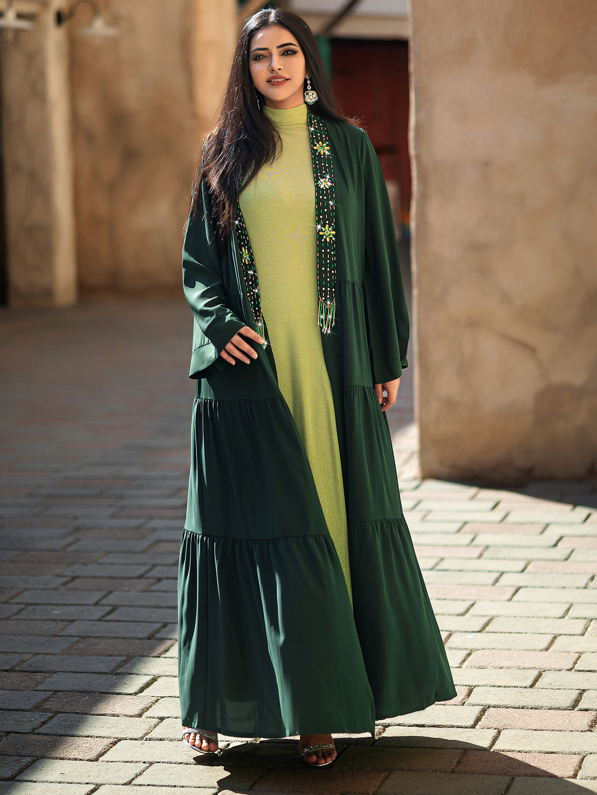 4079 Middle Eastern Style Dark Green Green Two-Piece Set - Colorful Embroidered Tassel Long Cardigan Dress & Inner Gown