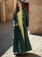 4079 Middle Eastern Style Dark Green Green Two-Piece Set - Colorful Embroidered Tassel Long Cardigan Dress & Inner Gown