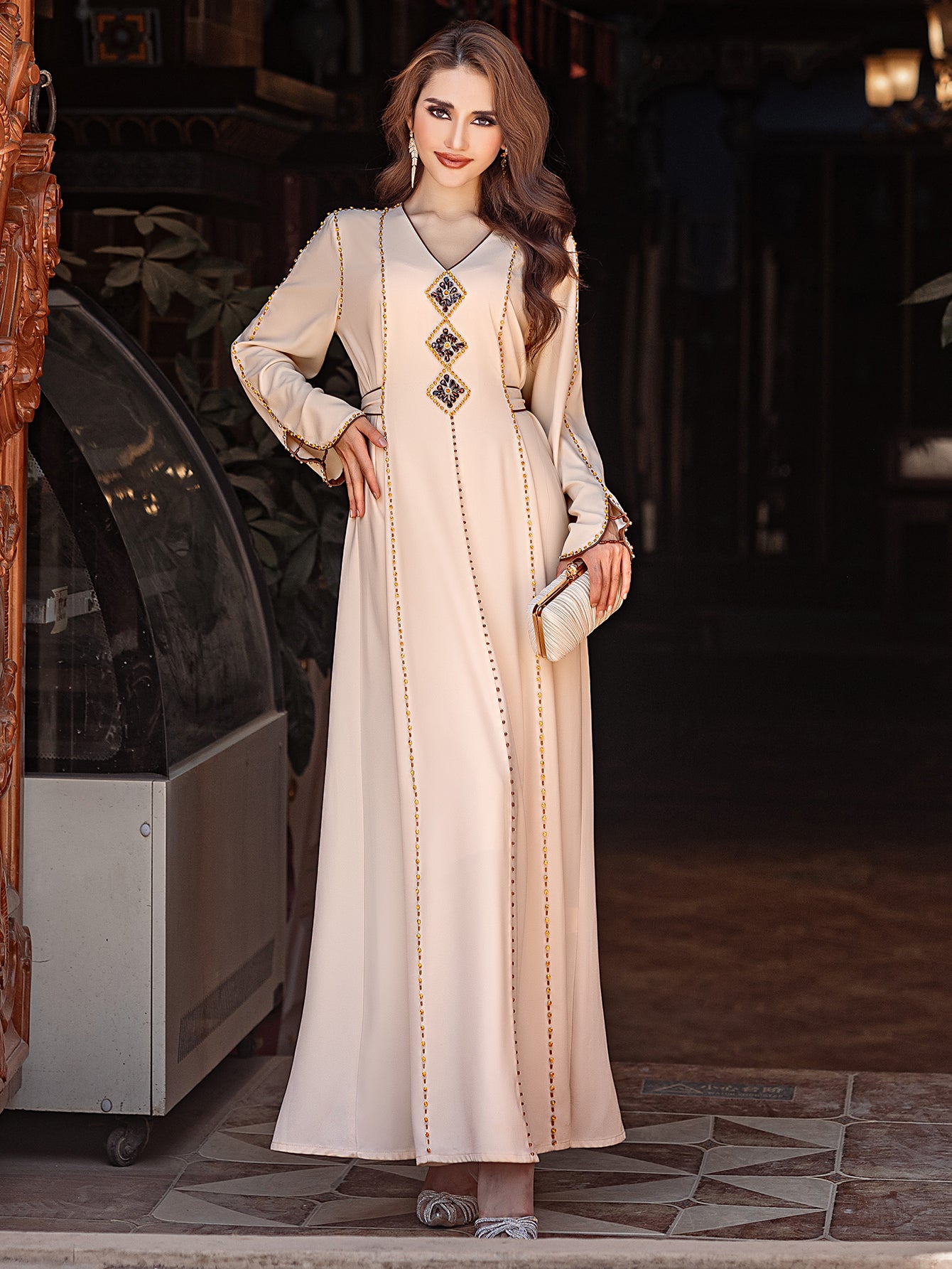 5206Beige Arabic Abaya Dress | V-Neck Gold Beaded Gown with Geometric Embroidery & Bell Sleeves