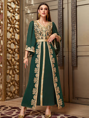 4118 Middle Eastern Style Dark Green Gold Floral Embroidered Bell Sleeves Belted Pseudotwo-Piece Maxi Dress - Elegant Ornate Decorated Gown