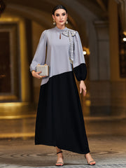 4071 Middle Eastern Style Grey Black Colorblock Sequin Embellished Puff Sleeve Maxi Dress - Elegant Belted Asymmetrical Gown
