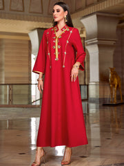 4054 Middle Eastern Style Red Gold Embellished Sequin 3/4 Sleeves Maxi Dress - Elegant Sparkling Long Gown