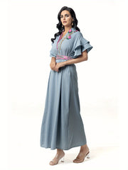 5110 abaya robe dress, floral beads shine, lotus leaf sleeves with waist design, a must for parties