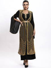 4036 Middle Eastern Style Black Gold Embroidered Pseudotwo-Piece Maxi Dress - Flared Sleeves Belted Elegant Gown
