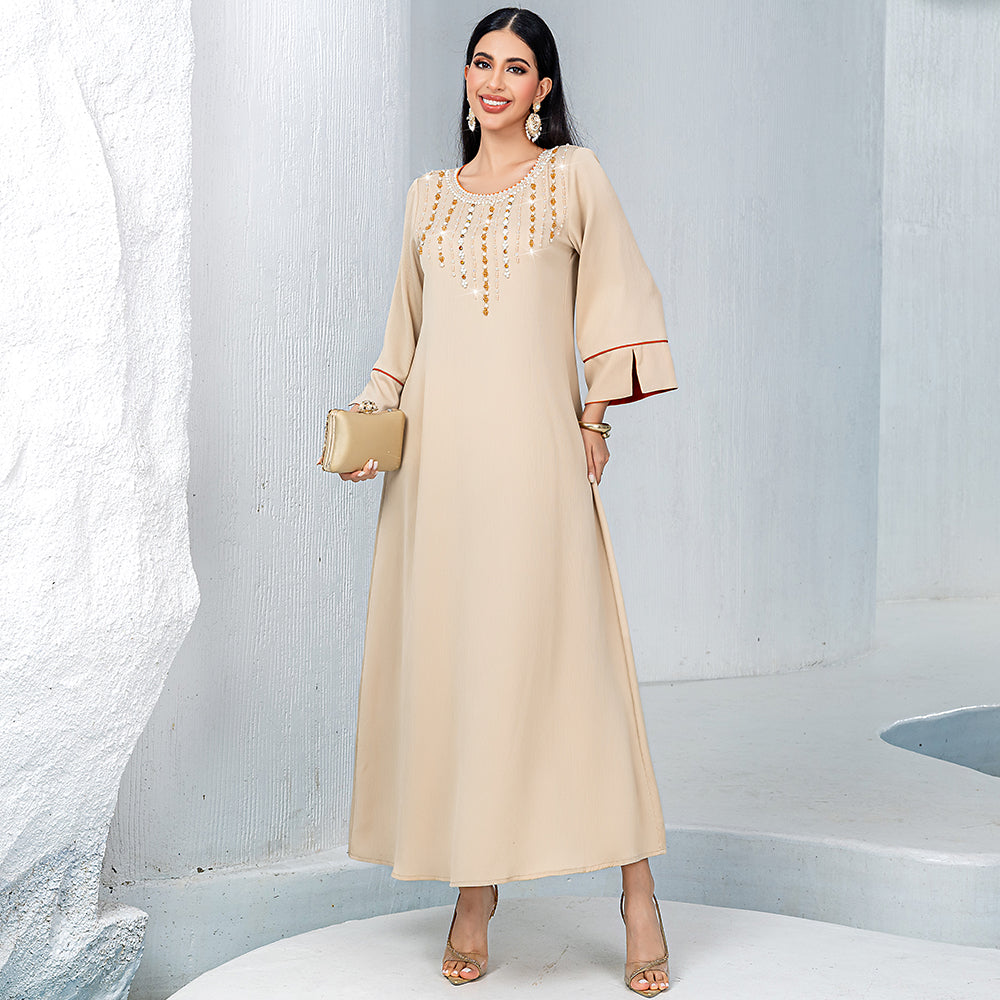 5239Beige Arabic Abaya Dress | Gold Beaded V-Neck Gown with Red Trim & Bell Sleeves for Evening